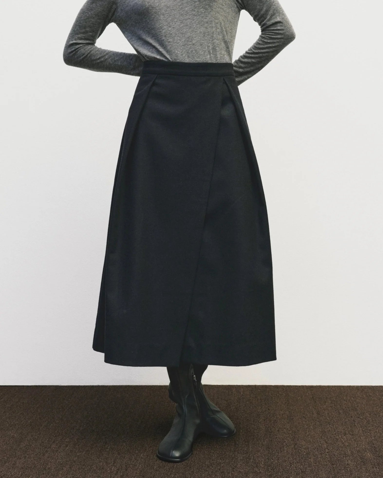 Wool Blend Pleated Midi Skirt in Navy, from Mijeong Park